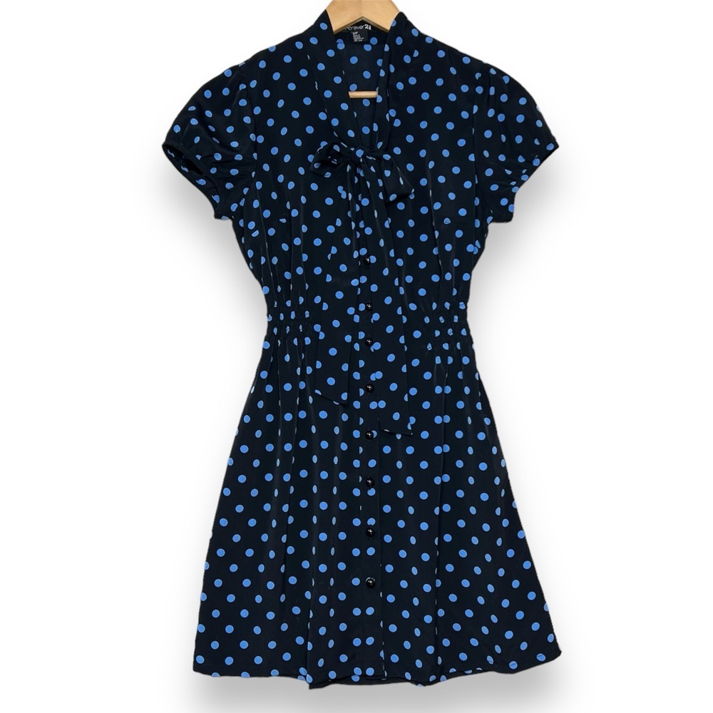 Forever 21 Blue Polka Dot Button Down Dress Easter Spring Summer Work